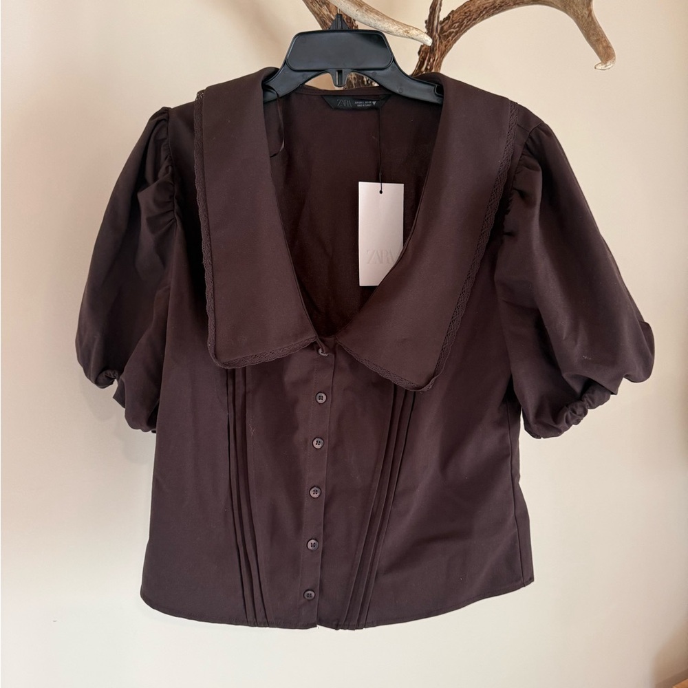 Zara Dark Brown Puff Sleeve Button-Down Top with Wide Collar